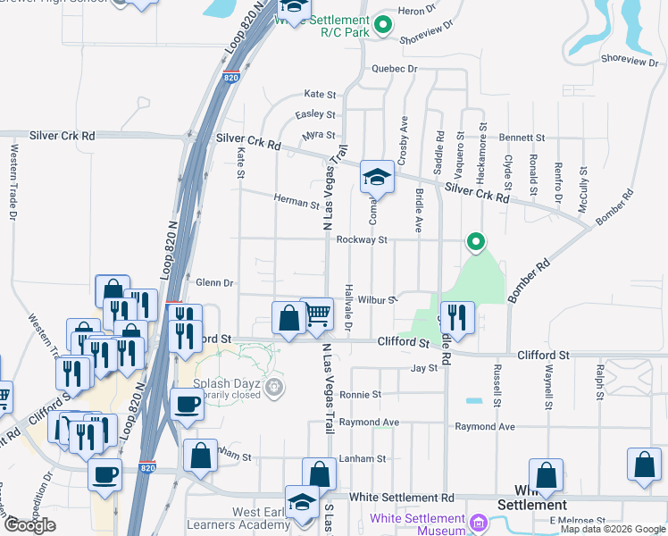 map of restaurants, bars, coffee shops, grocery stores, and more near 616 North Las Vegas Trail in White Settlement