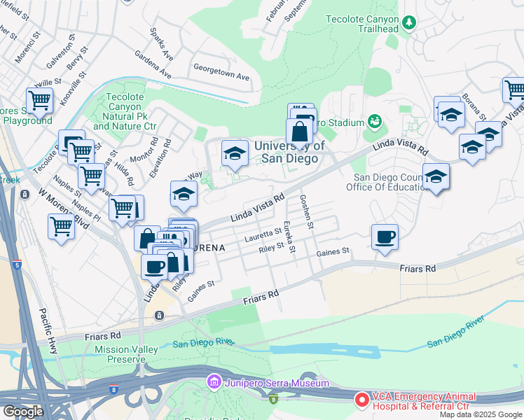 map of restaurants, bars, coffee shops, grocery stores, and more near 5725 Linda Vista Road in San Diego
