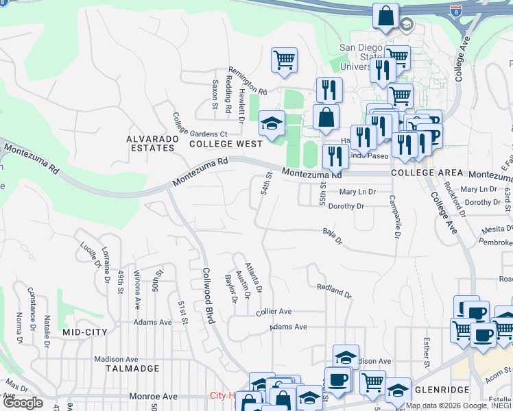 map of restaurants, bars, coffee shops, grocery stores, and more near 5014 Faber Way in San Diego