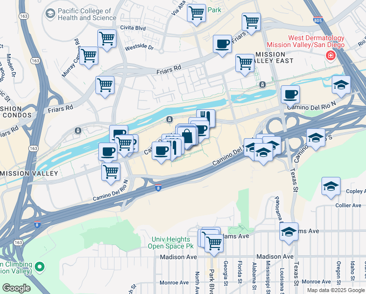 map of restaurants, bars, coffee shops, grocery stores, and more near 1646 Camino De La Reina in San Diego