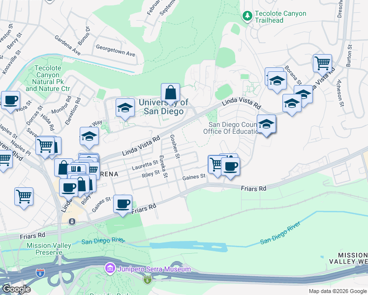 map of restaurants, bars, coffee shops, grocery stores, and more near 1273 Goshen Street in San Diego