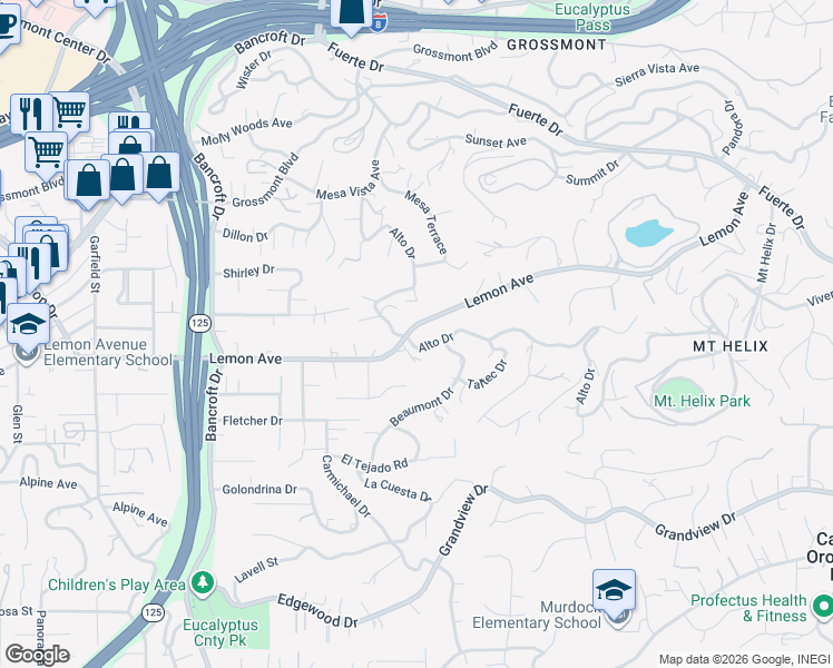map of restaurants, bars, coffee shops, grocery stores, and more near 9504 Alto Drive in La Mesa