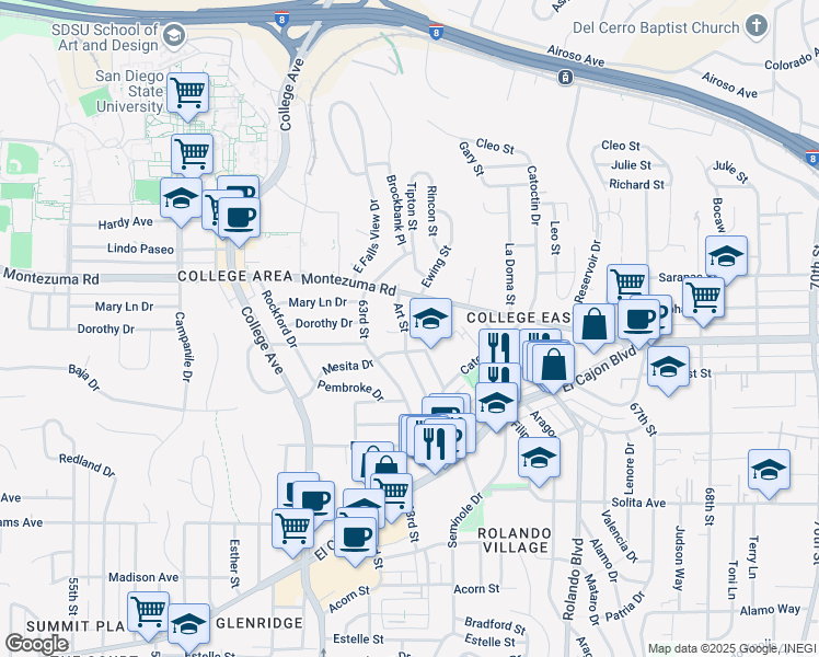 map of restaurants, bars, coffee shops, grocery stores, and more near 5027 Art Street in San Diego