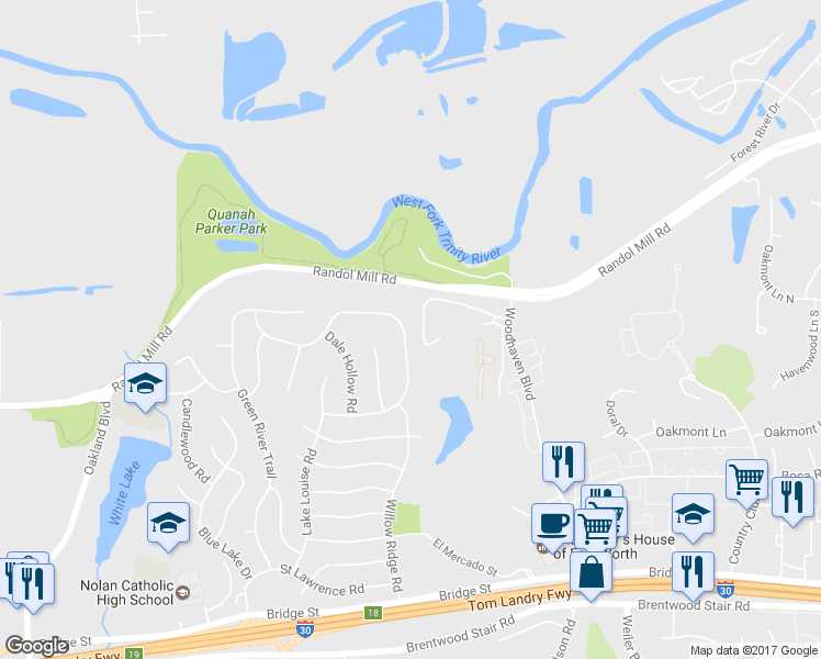 map of restaurants, bars, coffee shops, grocery stores, and more near 253 Willow Ridge Road in Fort Worth