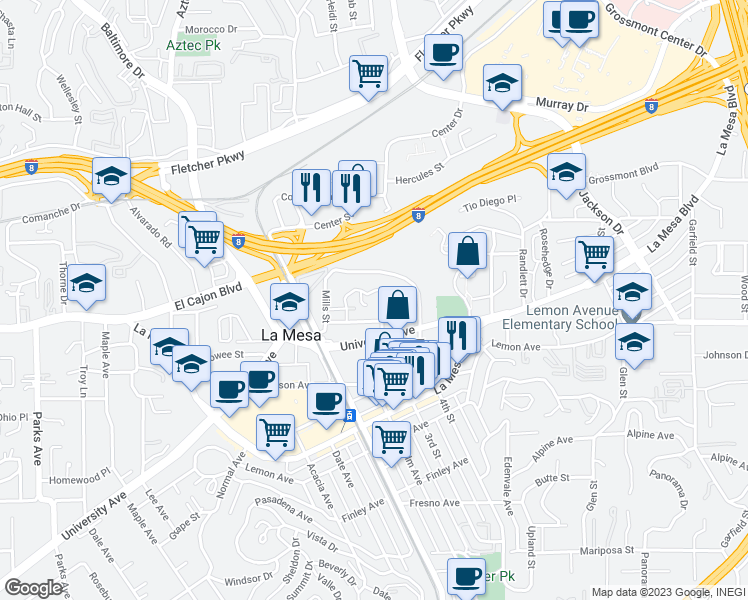 map of restaurants, bars, coffee shops, grocery stores, and more near 4987 Colina Drive in La Mesa