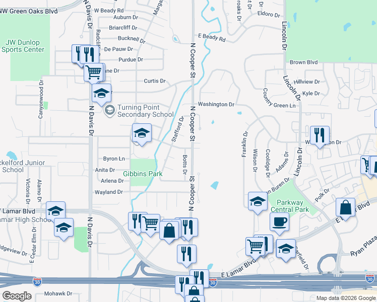 map of restaurants, bars, coffee shops, grocery stores, and more near 2109 Botts Drive in Arlington