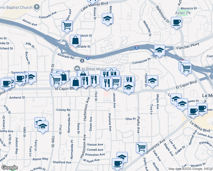 map of restaurants, bars, coffee shops, grocery stores, and more near 7366 El Cajon Boulevard in La Mesa