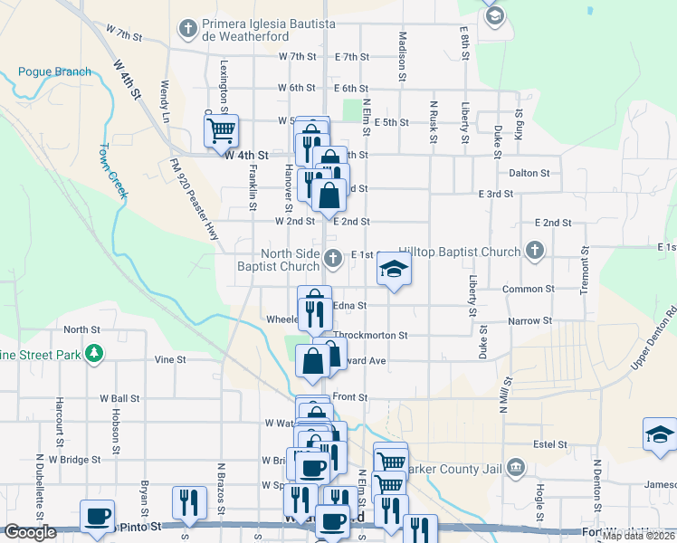 map of restaurants, bars, coffee shops, grocery stores, and more near 910 North Main Street in Weatherford