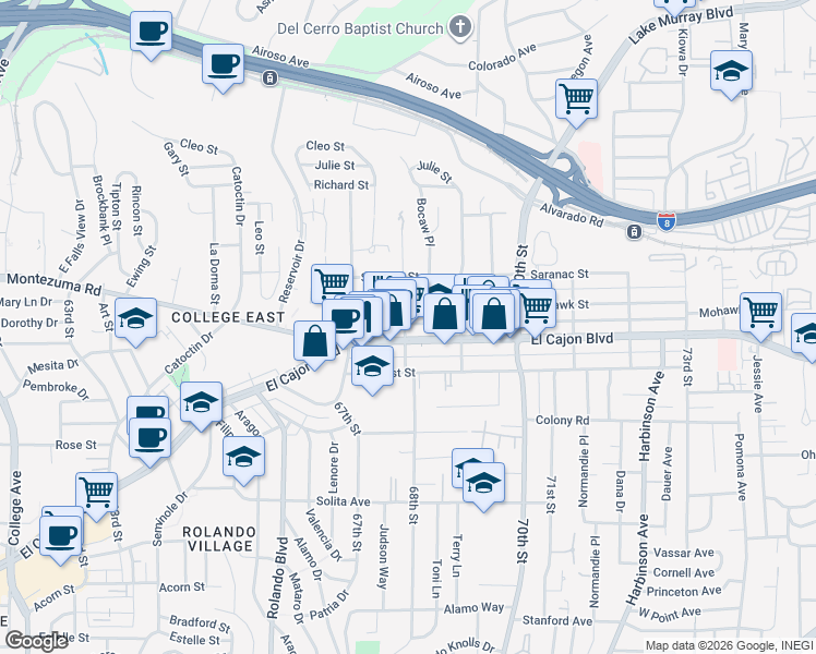 map of restaurants, bars, coffee shops, grocery stores, and more near 6818 El Cajon Boulevard in San Diego