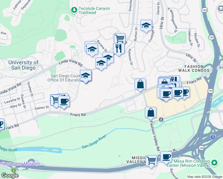 map of restaurants, bars, coffee shops, grocery stores, and more near 1275 River Vista Row in San Diego