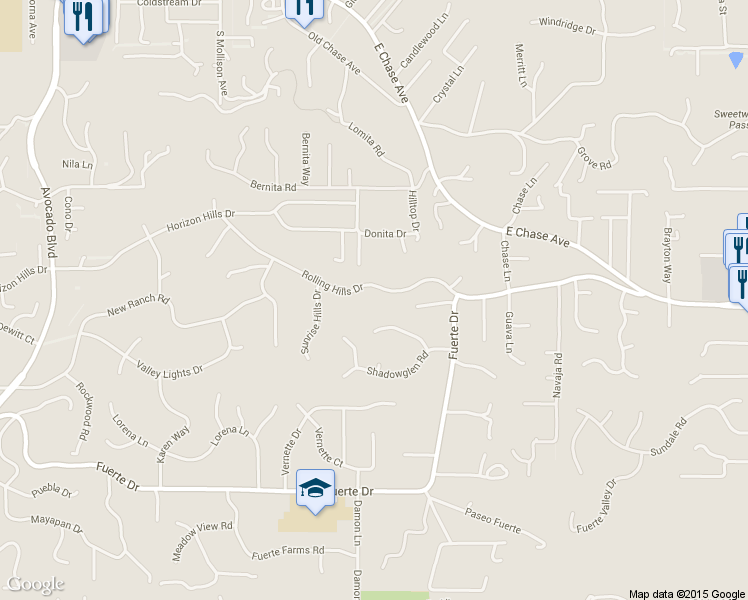 map of restaurants, bars, coffee shops, grocery stores, and more near 11423 Rolling Hills Drive in El Cajon