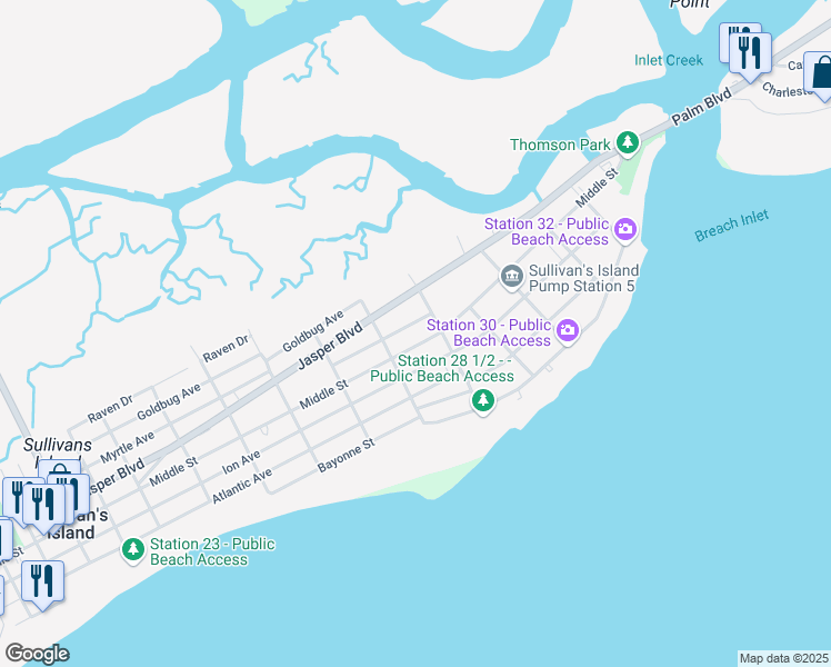 map of restaurants, bars, coffee shops, grocery stores, and more near 2824 Middle Street in Sullivan's Island