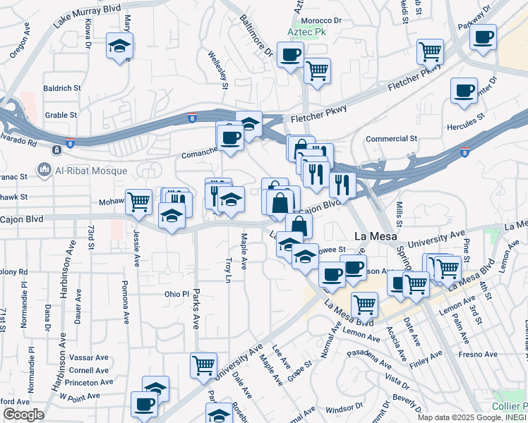 map of restaurants, bars, coffee shops, grocery stores, and more near 7808 El Cajon Boulevard in La Mesa