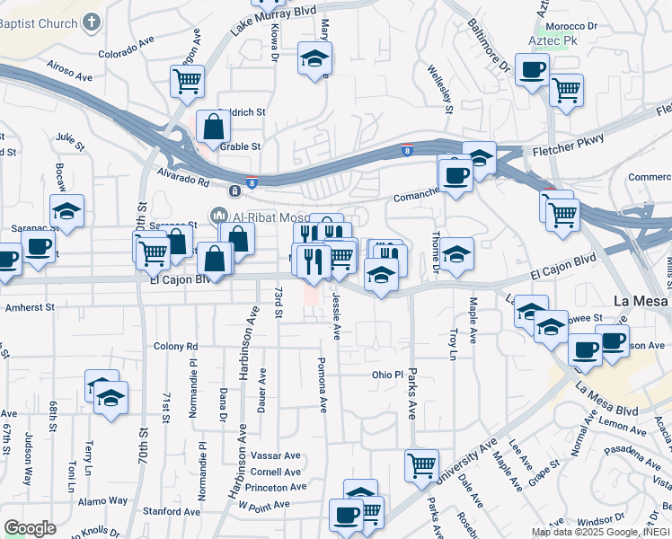 map of restaurants, bars, coffee shops, grocery stores, and more near 7410 El Cajon Boulevard in La Mesa