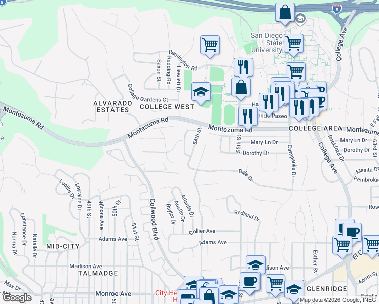 map of restaurants, bars, coffee shops, grocery stores, and more near 5014 Faber Way in San Diego