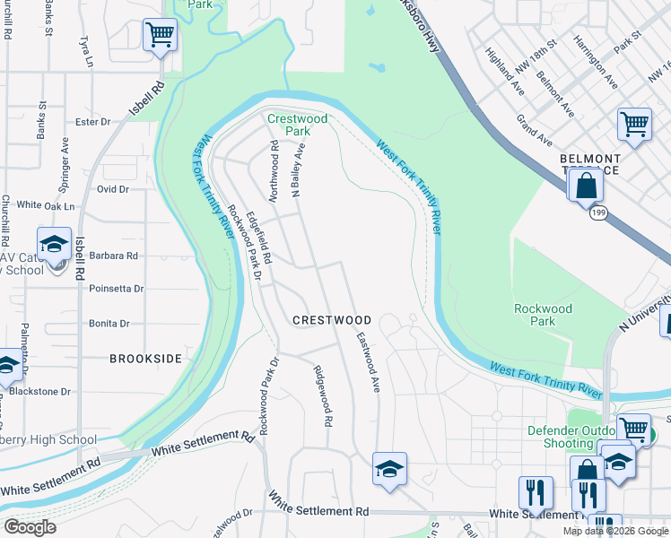 map of restaurants, bars, coffee shops, grocery stores, and more near 635 Eastwood Avenue in Fort Worth