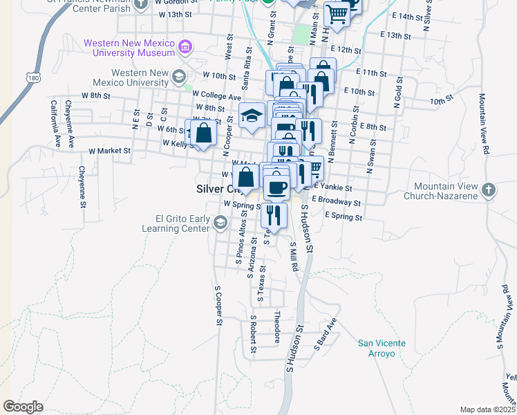 map of restaurants, bars, coffee shops, grocery stores, and more near 201-299 W Spring St in Silver City