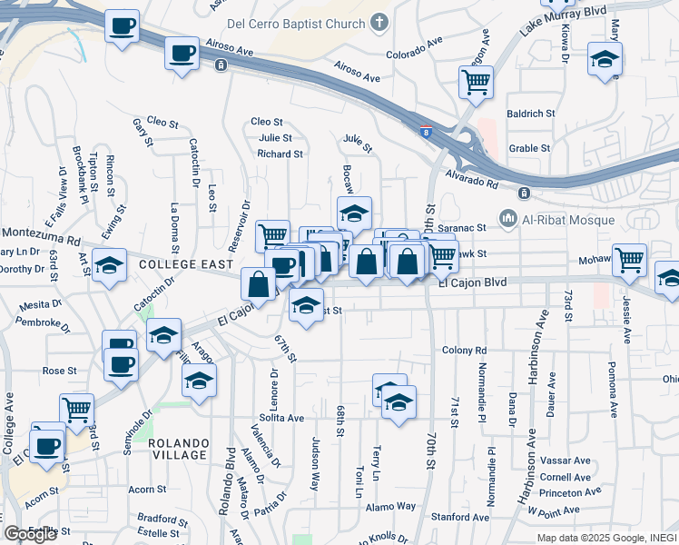 map of restaurants, bars, coffee shops, grocery stores, and more near 6818 El Cajon Boulevard in San Diego