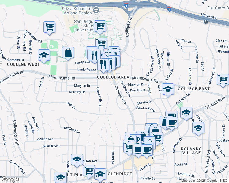 map of restaurants, bars, coffee shops, grocery stores, and more near 5020 College Avenue in San Diego