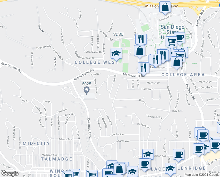 map of restaurants, bars, coffee shops, grocery stores, and more near 5014 Faber Way in San Diego