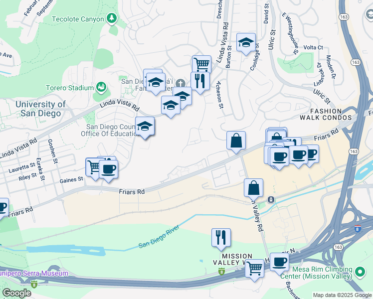 map of restaurants, bars, coffee shops, grocery stores, and more near 1270 River Vista Row in San Diego