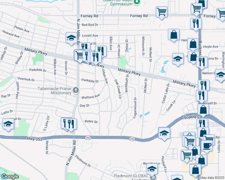 map of restaurants, bars, coffee shops, grocery stores, and more near 3533 Oak Creek Circle in Dallas
