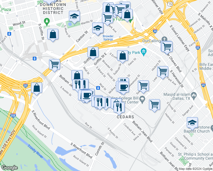 map of restaurants, bars, coffee shops, grocery stores, and more near 1511 South Akard Street in Dallas