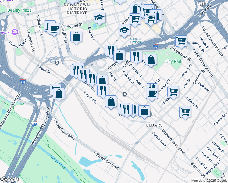 map of restaurants, bars, coffee shops, grocery stores, and more near 1001 Belleview Street in Dallas