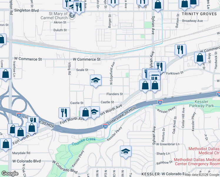 map of restaurants, bars, coffee shops, grocery stores, and more near 1228 Walmsley Avenue in Dallas
