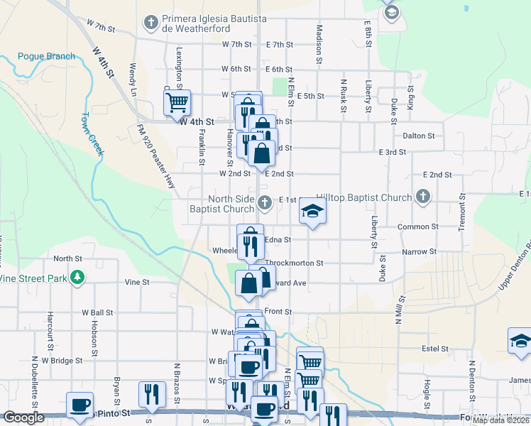 map of restaurants, bars, coffee shops, grocery stores, and more near 910 North Main Street in Weatherford