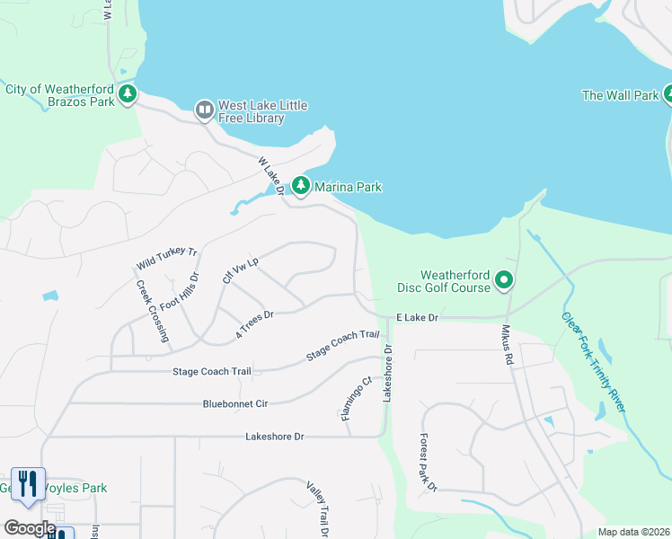 map of restaurants, bars, coffee shops, grocery stores, and more near 3709 Cliff View Loop in Weatherford