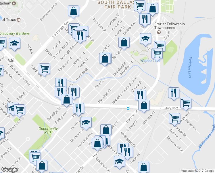 map of restaurants, bars, coffee shops, grocery stores, and more near 3918 Copeland Street in Dallas