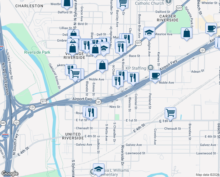 map of restaurants, bars, coffee shops, grocery stores, and more near 308 North Retta Street in Fort Worth