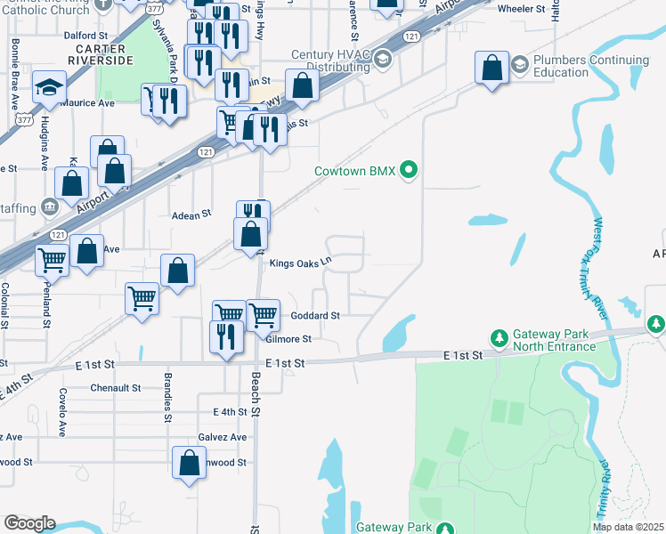 map of restaurants, bars, coffee shops, grocery stores, and more near 4305 Kings Circle South in Fort Worth
