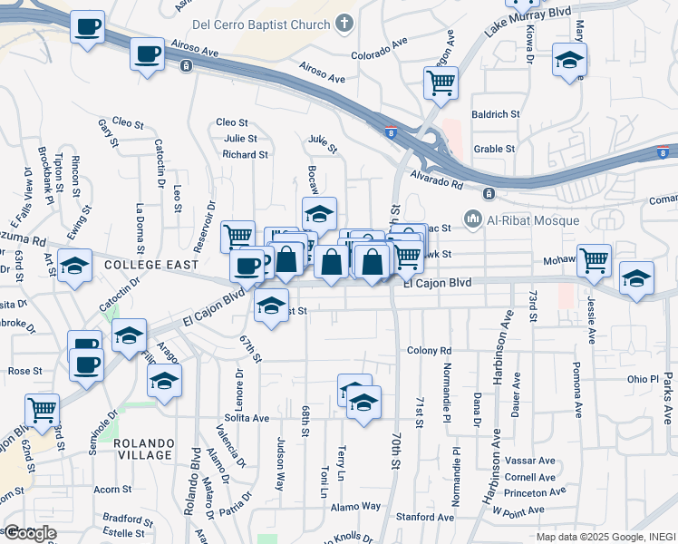 map of restaurants, bars, coffee shops, grocery stores, and more near 4954 69th Street in San Diego