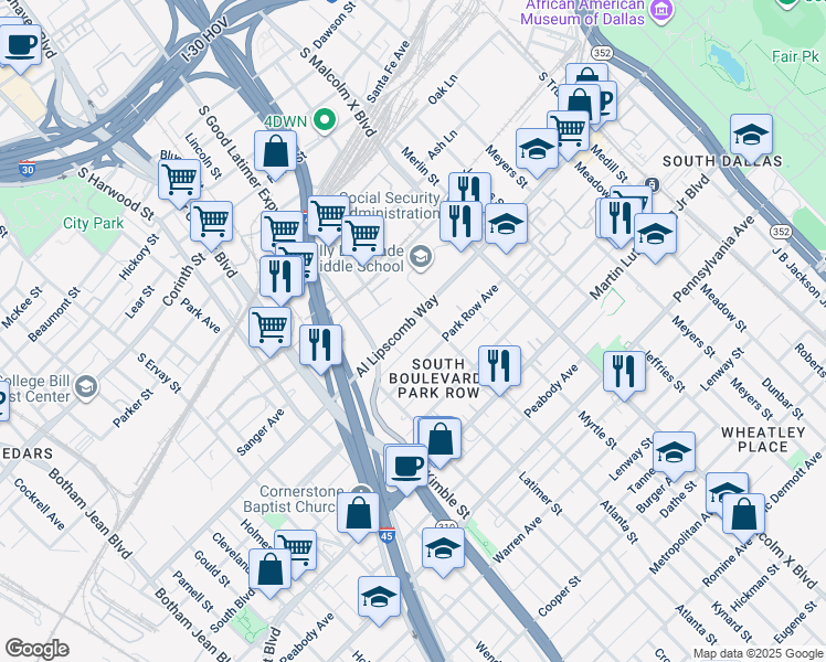 map of restaurants, bars, coffee shops, grocery stores, and more near 2522 Al Lipscomb Way in Dallas