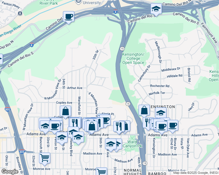 map of restaurants, bars, coffee shops, grocery stores, and more near 3640 Eugene Place in San Diego