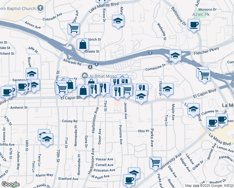 map of restaurants, bars, coffee shops, grocery stores, and more near 7366 El Cajon Boulevard in La Mesa