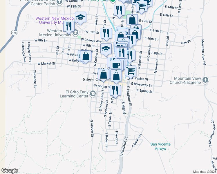 map of restaurants, bars, coffee shops, grocery stores, and more near 299 West Spring Street in Silver City