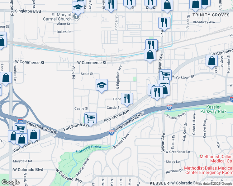 map of restaurants, bars, coffee shops, grocery stores, and more near 1228 Walmsley Avenue in Dallas