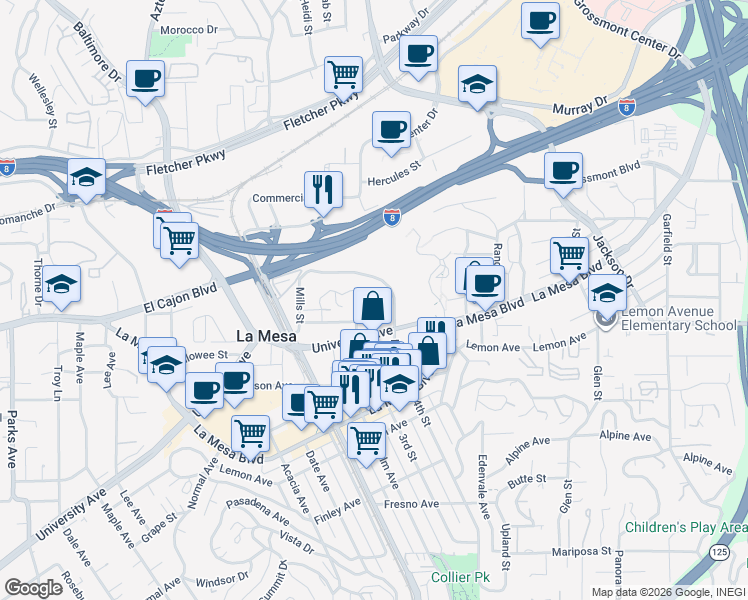 map of restaurants, bars, coffee shops, grocery stores, and more near 5040 Colina Drive in La Mesa