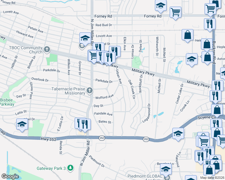map of restaurants, bars, coffee shops, grocery stores, and more near 3614 Elva Avenue in Dallas