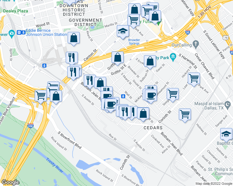 map of restaurants, bars, coffee shops, grocery stores, and more near Belleview Street in Dallas