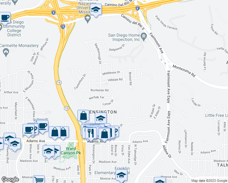 map of restaurants, bars, coffee shops, grocery stores, and more near 4192 Rochester Road in San Diego