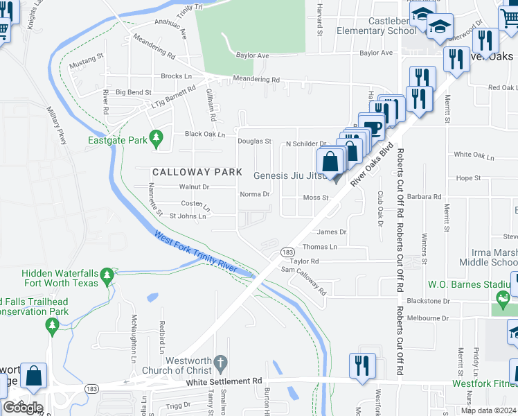 map of restaurants, bars, coffee shops, grocery stores, and more near 5840 North Calloway Drive in Fort Worth