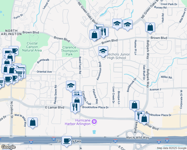 map of restaurants, bars, coffee shops, grocery stores, and more near 1729 Woodstock Boulevard in Arlington