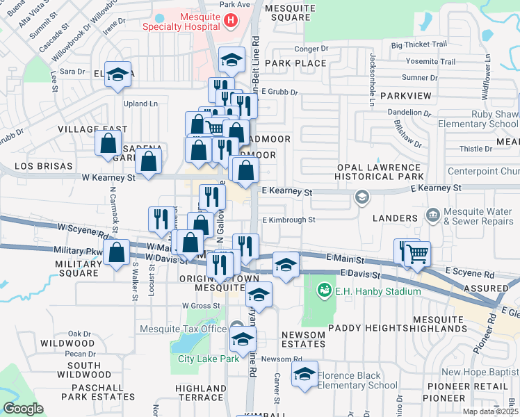 map of restaurants, bars, coffee shops, grocery stores, and more near 206 Jasanda Way in Mesquite
