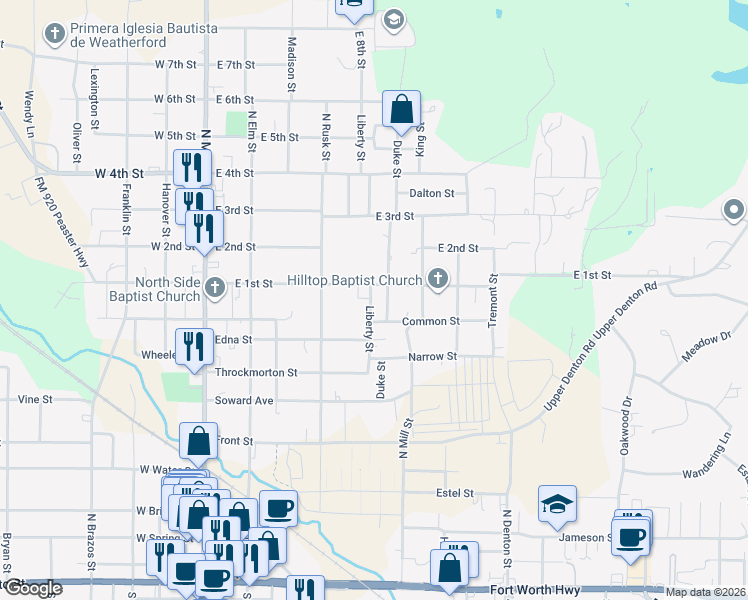 map of restaurants, bars, coffee shops, grocery stores, and more near 908 Duke Street in Weatherford