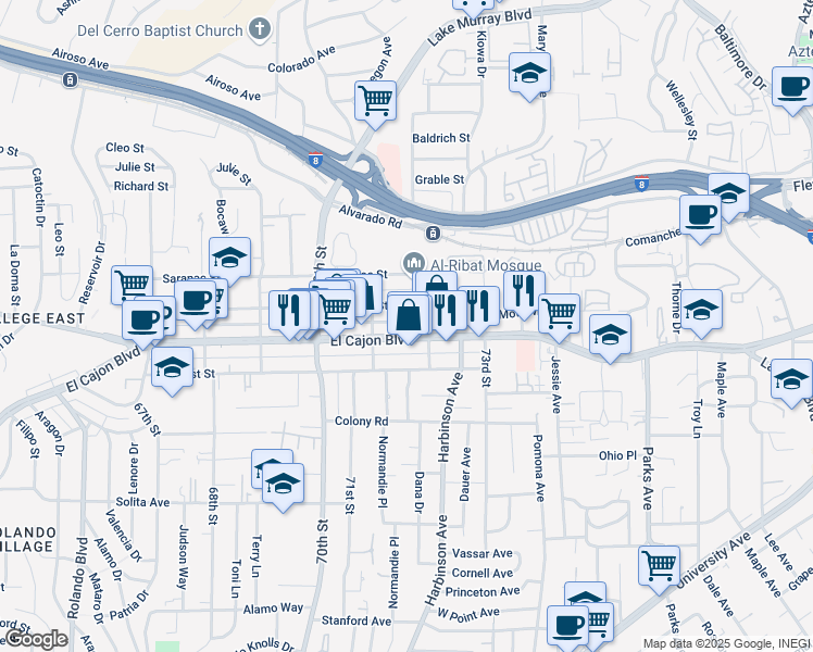 map of restaurants, bars, coffee shops, grocery stores, and more near 7166 El Cajon Boulevard in San Diego