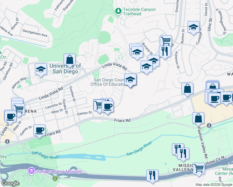 map of restaurants, bars, coffee shops, grocery stores, and more near 6327 Caminito Partida in San Diego